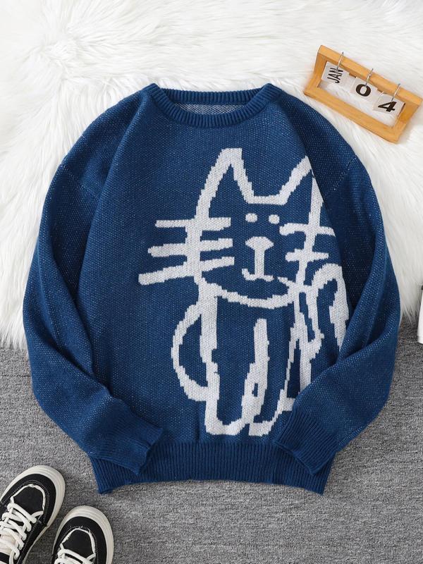 Men's Cartoon Cat Print Drop Shoulder Sweater, Regular Fit Casual Long Sleeve Round Neck Jumper for Fall & Winter, Fashion Men's Knitwear for Daily Wear Graphic Sweater