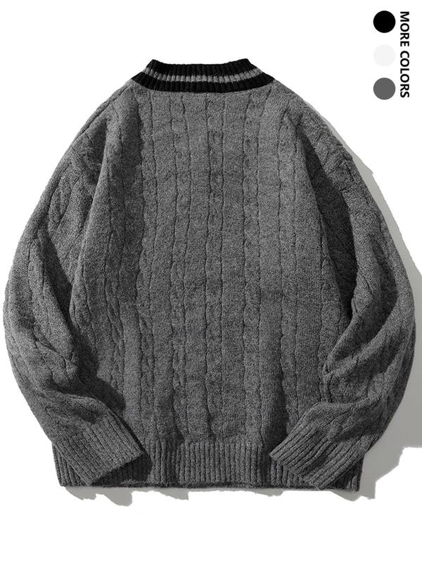 Men's Contrast Binding Drop Shoulder Cable Knit Sweater, Loose Casual Long Sleeve V Neck Jumper for Fall & Winter, Men's Knitwear for Daily Wear