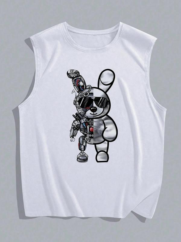 Men's Cartoon Bear Print Round Neck Tank Top, Regular Fit Casual Sleeveless Crew Neck Top for Summer, Fashion Men's Clothes for Daily Wear, Going Out Tops, Going Out College Tops, 2000s Tops