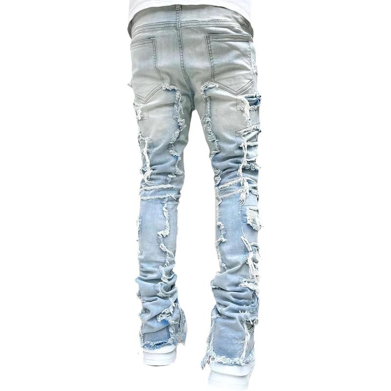 Men's Slim Fit Stretch Jeans Distressed Patchwork Stacked Frayed Straight Leg Skinny Denim Pants