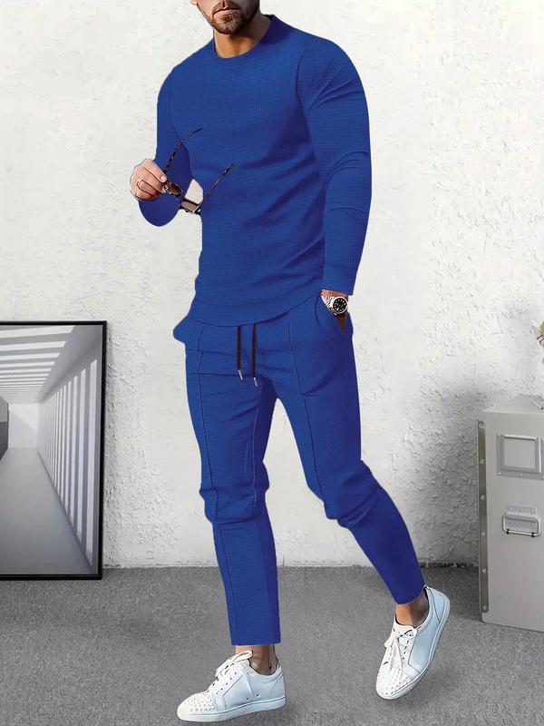 Two-piece Set Men's Solid Long Sleeve Tee & Drawstring Waist Pants Pyjama, Casual Comfy Round Neck Top & Trousers Pj Set, Loungewear Menswear  Sleepwear for Spring & Fall