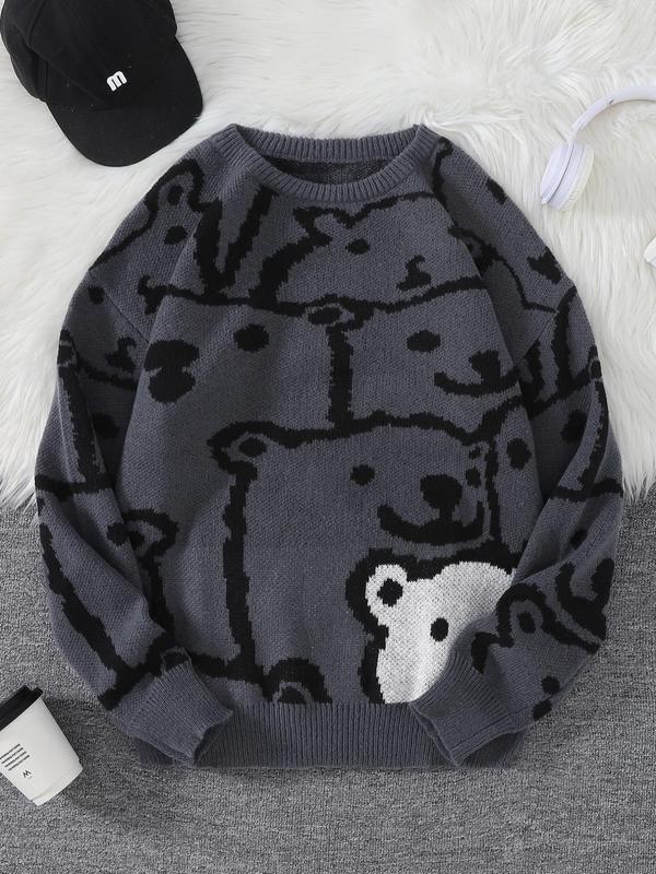 Unisex Cartoon Bear Print Drop Shoulder Sweater for Men & Women, Regular Fit Casual Long Sleeve Round Neck Jumper for Fall & Winter, Men's Knitwear for Daily Wear, Menswear