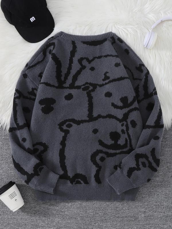 Unisex Cartoon Bear Print Drop Shoulder Sweater for Men & Women, Regular Fit Casual Long Sleeve Round Neck Jumper for Fall & Winter, Men's Knitwear for Daily Wear, Menswear