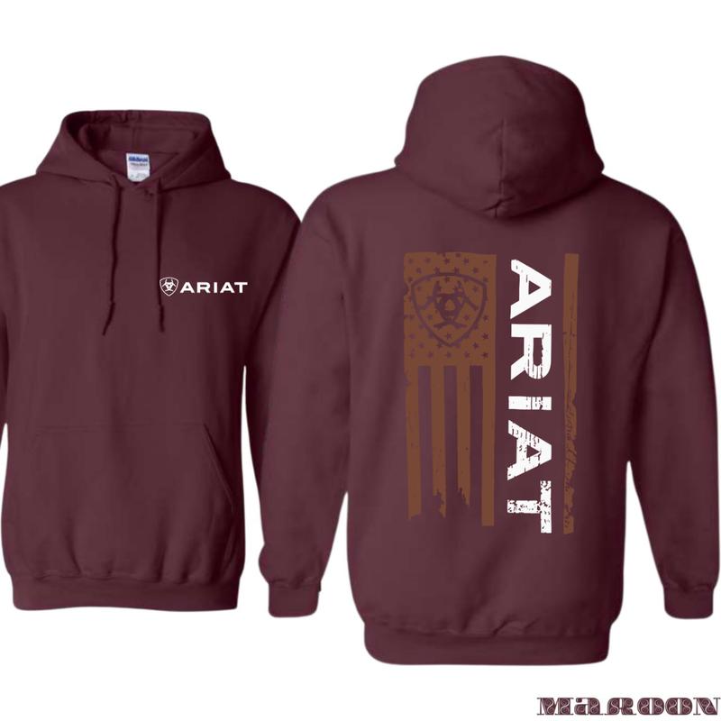 Ariat Hoodie - Bold American Flag Design with Iconic Logo, Perfect for Western Wear Enthusiasts and Outdoor Style, Suitable for Men and Women - Menswear, Tops