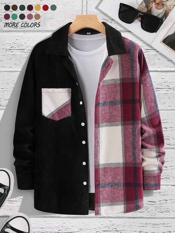 Men's Patchwork Plaid Print Button Front Pocket Shirt, Regular Fit Casual Long Sleeve Collared Top for Fall & Winter, Men's Clothes for Daily Wear