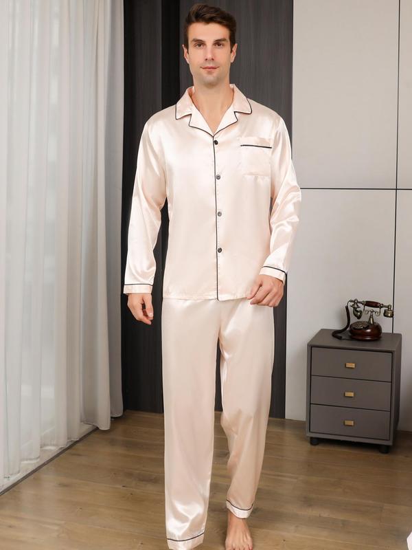 Two-piece Set Men's Plain Silk Cloth Pyjama Set, Men's Nightwear, Casual Lapel Button Front Shirt & Elastic Waist Pants, Lounge Sets, Men's Loungewear Set for Spring & Fall, Summer Sleepwear