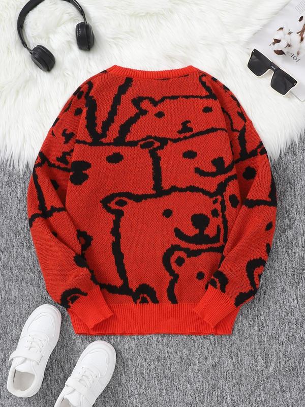 Unisex Cartoon Bear Print Drop Shoulder Sweater for Men & Women, Regular Fit Casual Long Sleeve Round Neck Jumper for Fall & Winter, Men's Knitwear for Daily Wear, Menswear