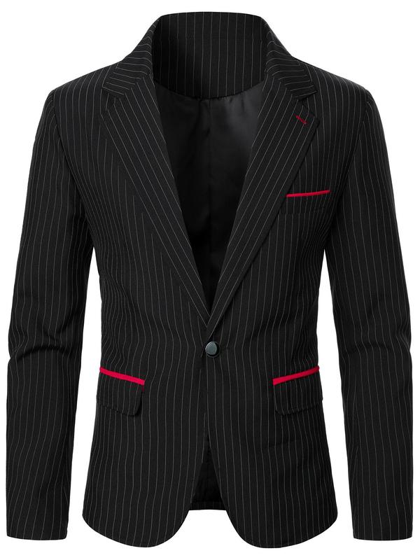 Men's Striped Print Button Closure Blazer, Regular Fit Long Sleeve Lapel Blazer for Business Office Formal Occasions, Men's Clothing for All Seasons