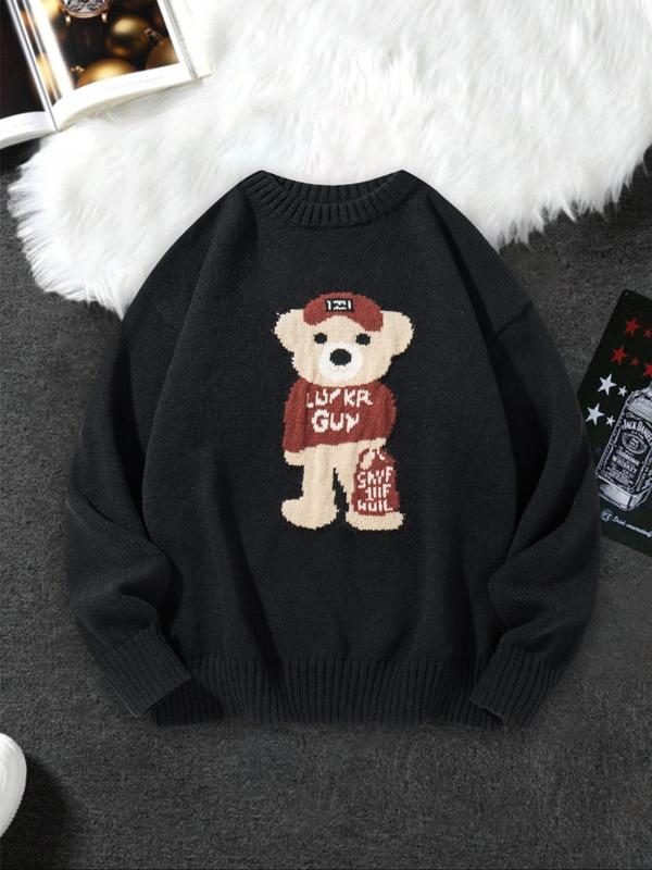 Men's Cartoon Bear Print Drop Shoulder Sweater, Regular Fit Casual Long Sleeve Round Neck Jumper for Fall & Winter, Fashion Men's Knitwear for Daily Wear