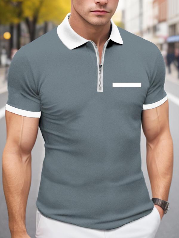 Men's Colorblock Contrast Binding Zipper Polo Shirt, Regular Fit Casual Short Sleeve Top for All Seasons, Men's Clothes for Daily Wear