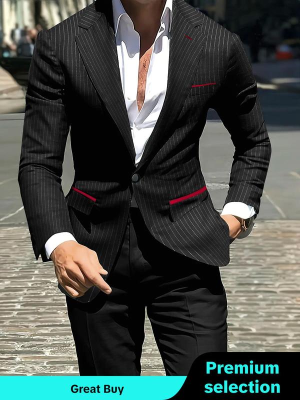 Men's Striped Print Button Closure Blazer, Regular Fit Long Sleeve Lapel Blazer for Business Office Formal Occasions, Men's Clothing for All Seasons