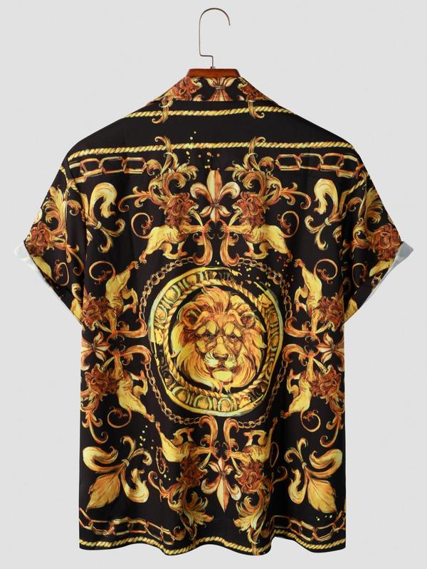 Men's Baroque Print Button Front Shirt, Loose Casual Lion Print Short Sleeve Collar Top for Summer, Men's Clothes for Daily Wear