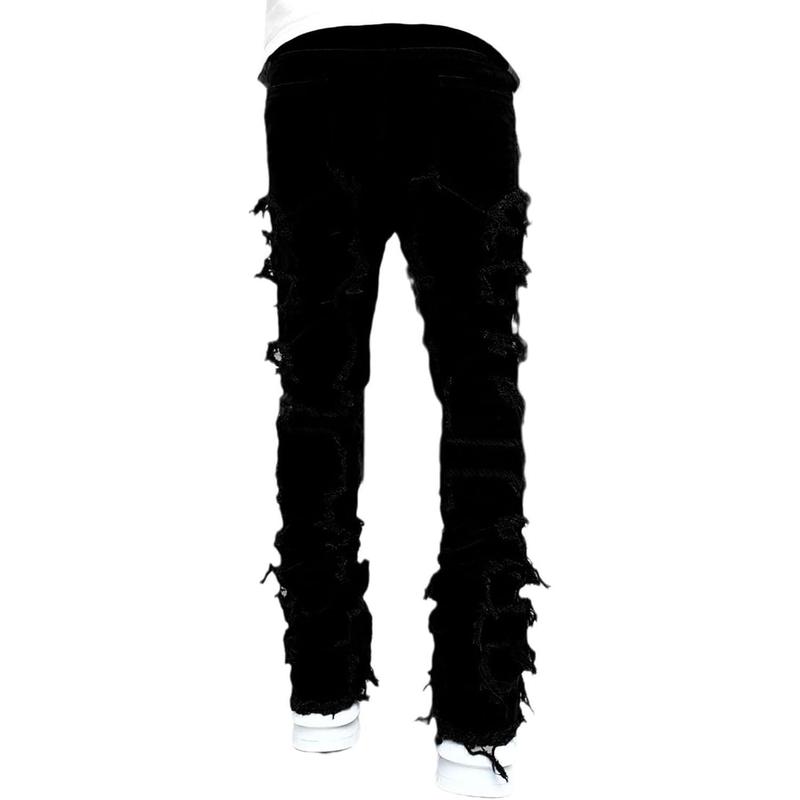 Men's Slim Fit Stretch Jeans Distressed Patchwork Stacked Frayed Straight Leg Skinny Denim Pants