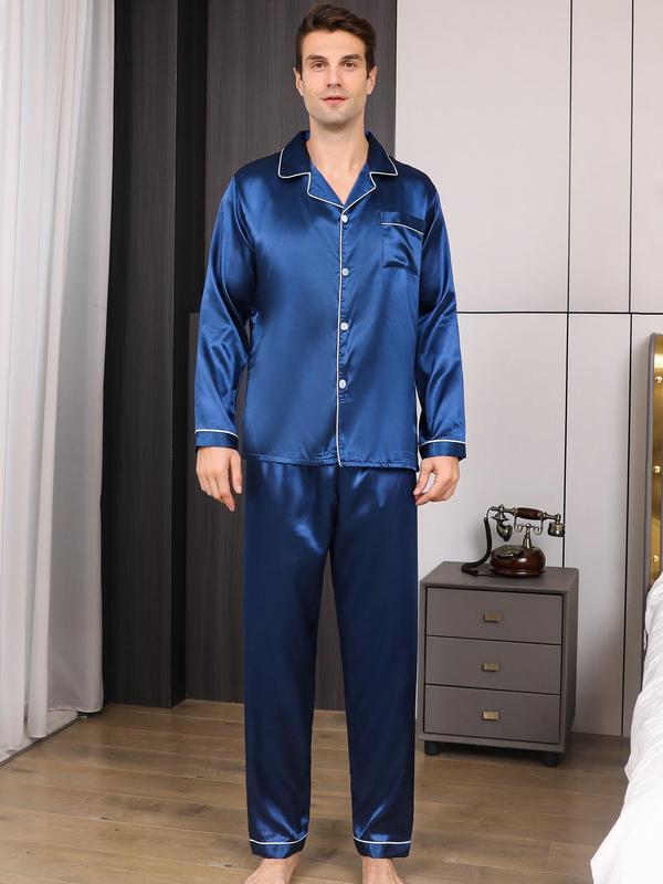 Two-piece Set Men's Plain Silk Cloth Pyjama Set, Men's Nightwear, Casual Lapel Button Front Shirt & Elastic Waist Pants, Lounge Sets, Men's Loungewear Set for Spring & Fall, Summer Sleepwear