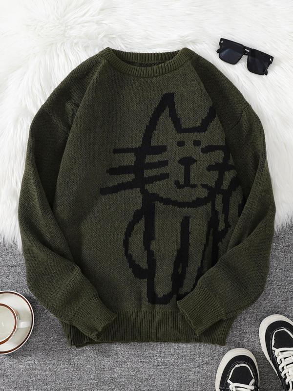 Men's Cartoon Cat Print Drop Shoulder Sweater, Regular Fit Casual Long Sleeve Round Neck Jumper for Fall & Winter, Fashion Men's Knitwear for Daily Wear Graphic Sweater