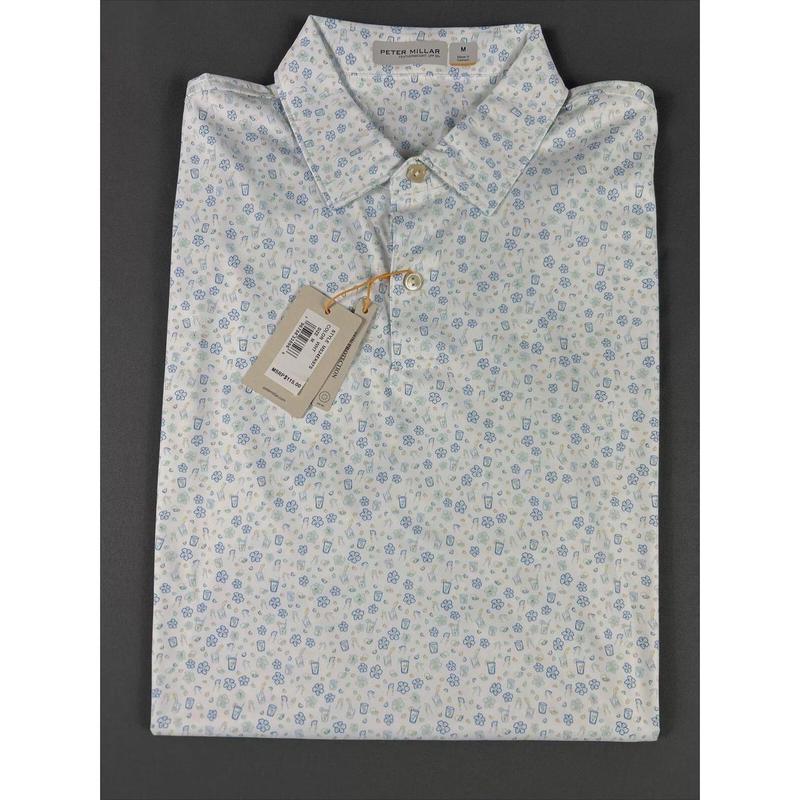 Peter Millar Golf Shirt Polo CS FW Parrot Drinks Print Medium White MSRP $115