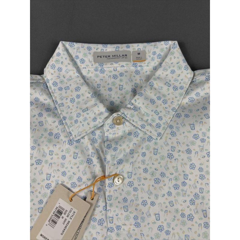 Peter Millar Golf Shirt Polo CS FW Parrot Drinks Print Medium White MSRP $115