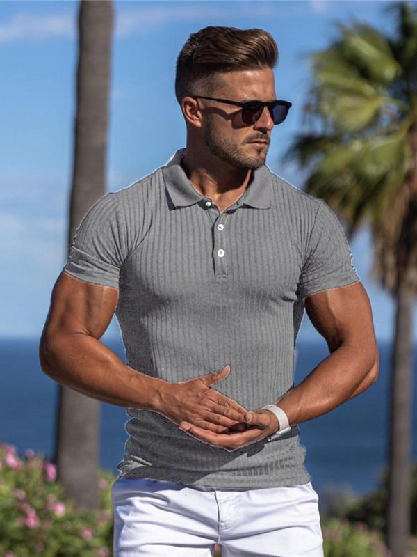 Men's Striped Print Ribbed Polo Shirt, Casual Short Sleeve Collared Top for Summer, Fashion Men's Clothes for Daily Wear