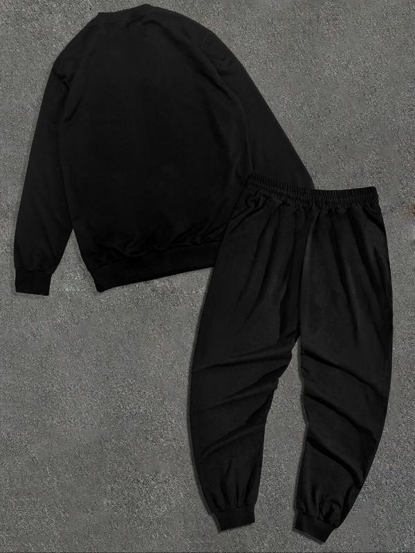 Two-piece Set Men's Figure and  Letter Print Sweatshirt & Elastic Waist Sweatpants Set, Regular Fit Casual Round Neck Long Sleeve Pullover & Pocket Jogger Pants, Men's Fall & Winter Clothes