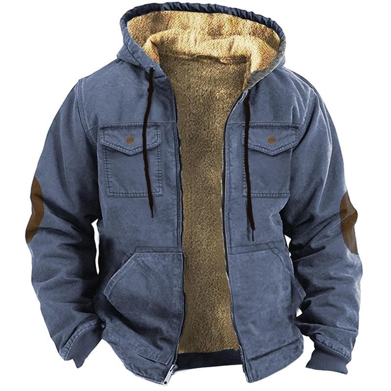 Male Winter Plush Lining Solid Color Combination Hooded Sweater With Brown Pocket Cotton Jacket Loose Warm Thick Coat For Men