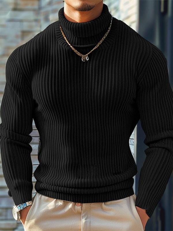 Men's Solid High Neck Ribbed Sweater Pullover, Regular Fit Casual Long Sleeve Jumper for Spring & Fall, Fashion Men's Knitwear for Daily Wear