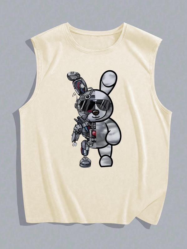 Men's Cartoon Bear Print Round Neck Tank Top, Regular Fit Casual Sleeveless Crew Neck Top for Summer, Fashion Men's Clothes for Daily Wear, Going Out Tops, Going Out College Tops, 2000s Tops