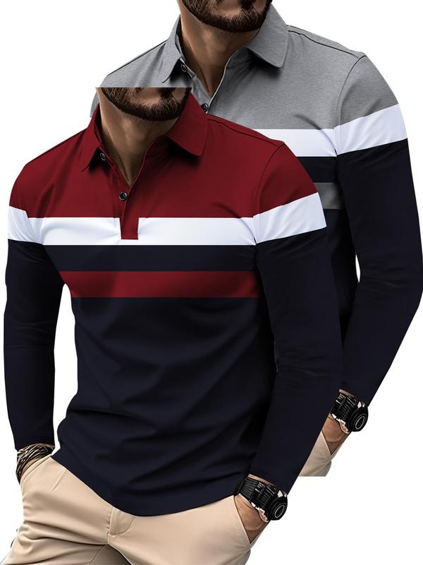 Men's Colorblock Print Button Front Polo Shirt, Regular Fit Casual Long Sleeve Top for All Seasons, Fashion Men's Clothes for Daily Wear, Polo Shirts Men, Workout Tops, Men's Polo Shirts