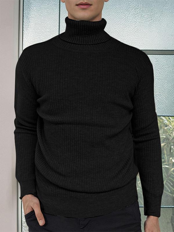 Men's Solid High Neck Ribbed Sweater Pullover, Regular Fit Casual Long Sleeve Jumper for Spring & Fall, Fashion Men's Knitwear for Daily Wear