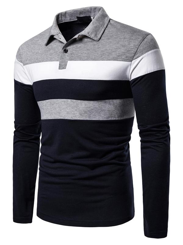 Men's Colorblock Print Button Front Polo Shirt, Regular Fit Casual Long Sleeve Top for All Seasons, Fashion Men's Clothes for Daily Wear, Polo Shirts Men, Workout Tops, Men's Polo Shirts