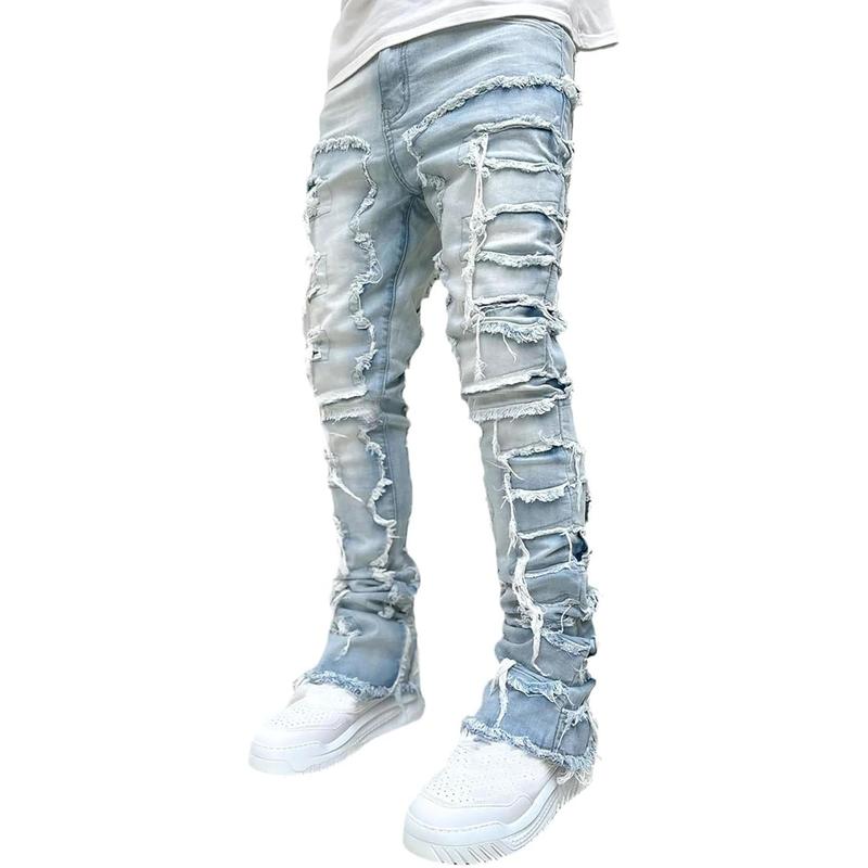 Men's Slim Fit Stretch Jeans Distressed Patchwork Stacked Frayed Straight Leg Skinny Denim Pants