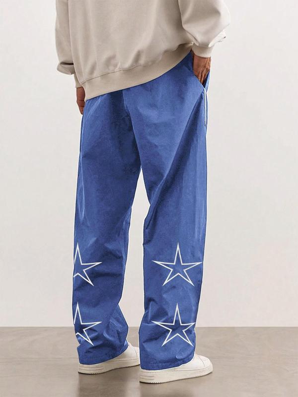 Men's Star Pattern Pocket Drawstring Waist Straight Leg Pants, Back To School Outfits, Mens Clothing, Casual Street Letter Patched Contrast Binding Trousers for Daily Wear, Summer Pants, Mens Bottoms Clothes for All Seasons