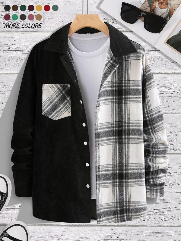 Men's Patchwork Plaid Print Button Front Pocket Shirt, Regular Fit Casual Long Sleeve Collared Top for Fall & Winter, Men's Clothes for Daily Wear