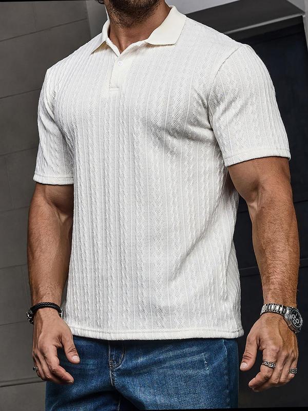 Men's Textured Button Front Polo Shirt, Casual Regular Fit Short Sleeve Top for Daily Outdoor Wear, Polo Shirts Men, Fashion Men's Streetwear Clothes for All Seasons