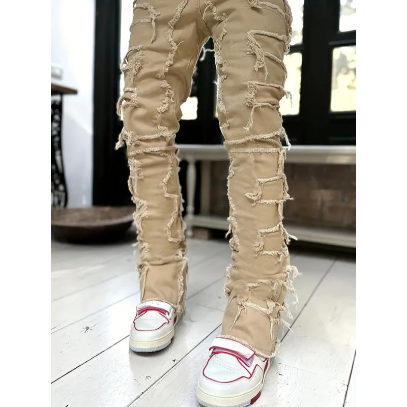 Y2k Hip Hop Style Raw Trim Jeans, Men's Casual Street Style Stretch Denim Pants Menswear Spandex