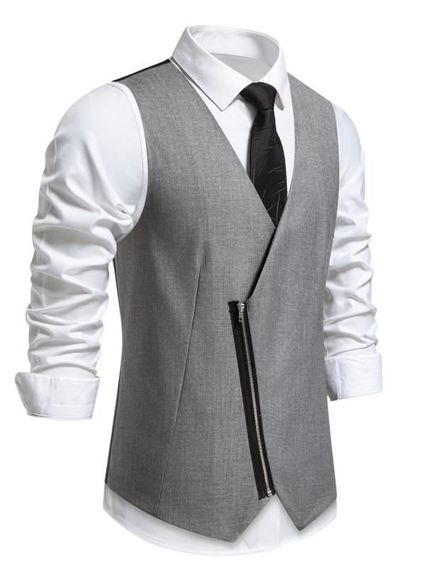 Men's Solid Zipper V Neck Waistcoat, Regular Fit Casual Sleeveless Outerwear for Wedding Party, Fashion Men's Clothes for All Seasons