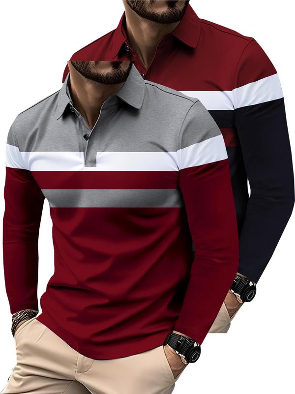 Men's Colorblock Print Button Front Polo Shirt, Regular Fit Casual Long Sleeve Top for All Seasons, Fashion Men's Clothes for Daily Wear, Polo Shirts Men, Workout Tops, Men's Polo Shirts