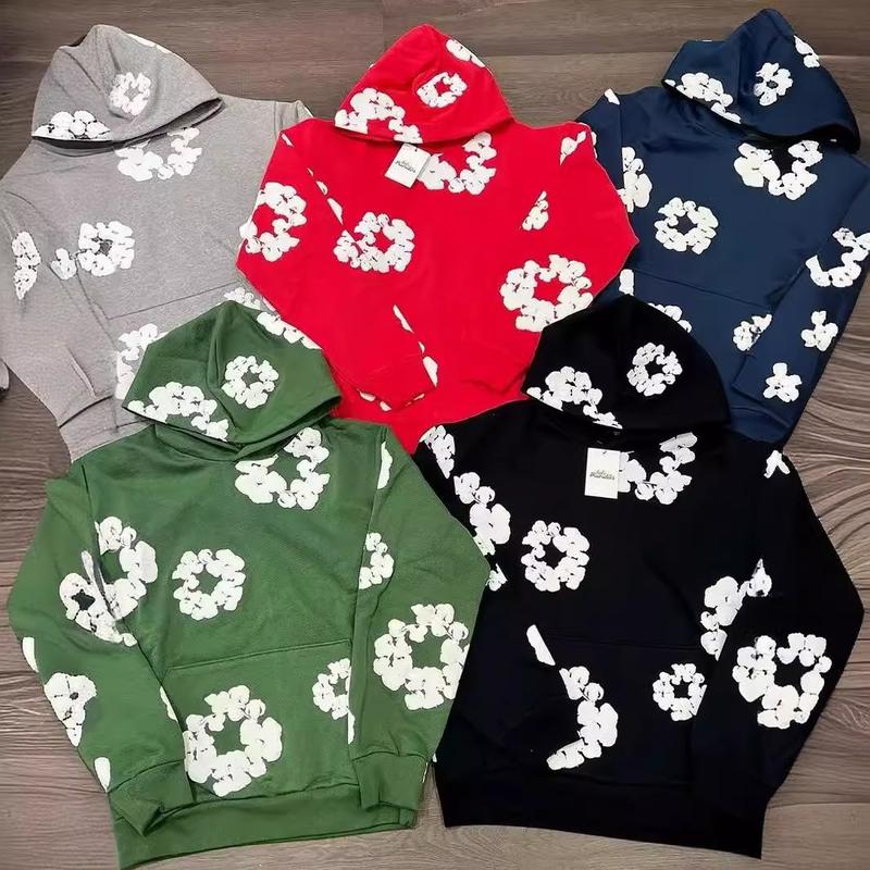 American Fashion Brand High Street Puff Print Hooded Sweater Set Men's Fashion All-Matching Sweatshirt and Sweatpants Suit Clothing Menswear Long Sleeve Casual Floral Gamis Longsleeves Crewneck winter outfit