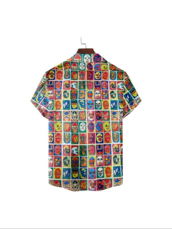 Men's Patchwork Luchador Print Button Front Shirt, Casual Short Sleeve Collared Top for Summer, Fashion Men's Regular Fit Top for Daily Wear