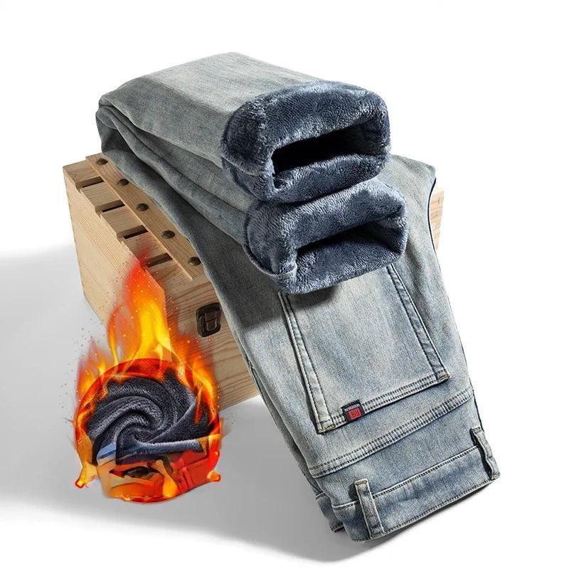 High Quality Winter Jeans New Casual Straight Tube with Fleece Thickening Loose Outside Warm Long Pants Streetwear Men