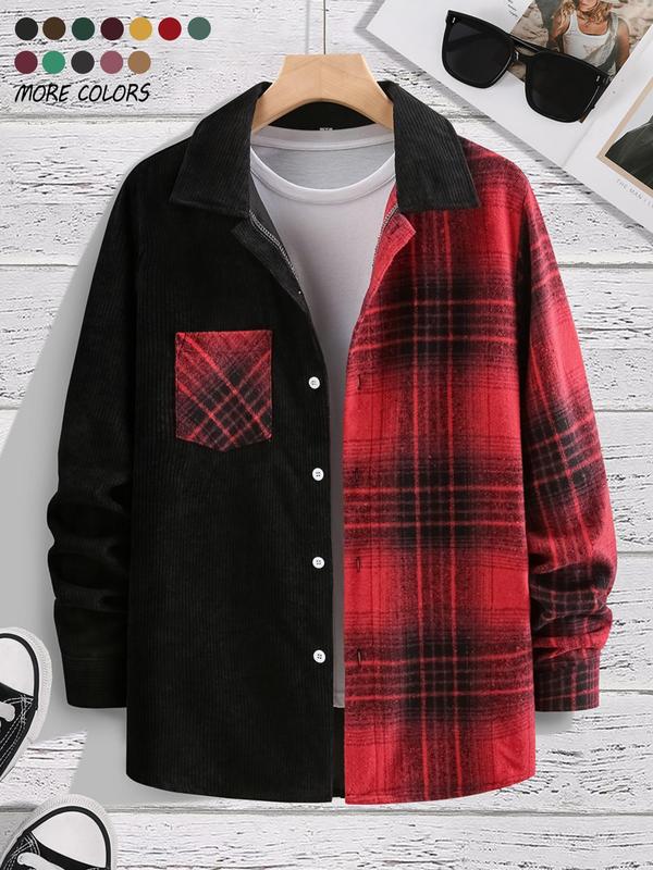 Men's Patchwork Plaid Print Button Front Pocket Shirt, Regular Fit Casual Long Sleeve Collared Top for Fall & Winter, Men's Clothes for Daily Wear