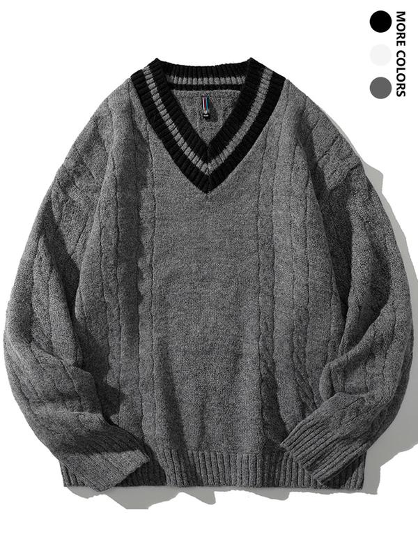 Men's Contrast Binding Drop Shoulder Cable Knit Sweater, Loose Casual Long Sleeve V Neck Jumper for Fall & Winter, Men's Knitwear for Daily Wear