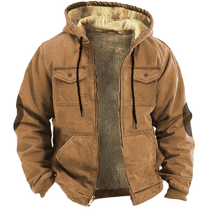 Male Winter Plush Lining Solid Color Combination Hooded Sweater With Brown Pocket Cotton Jacket Loose Warm Thick Coat For Men