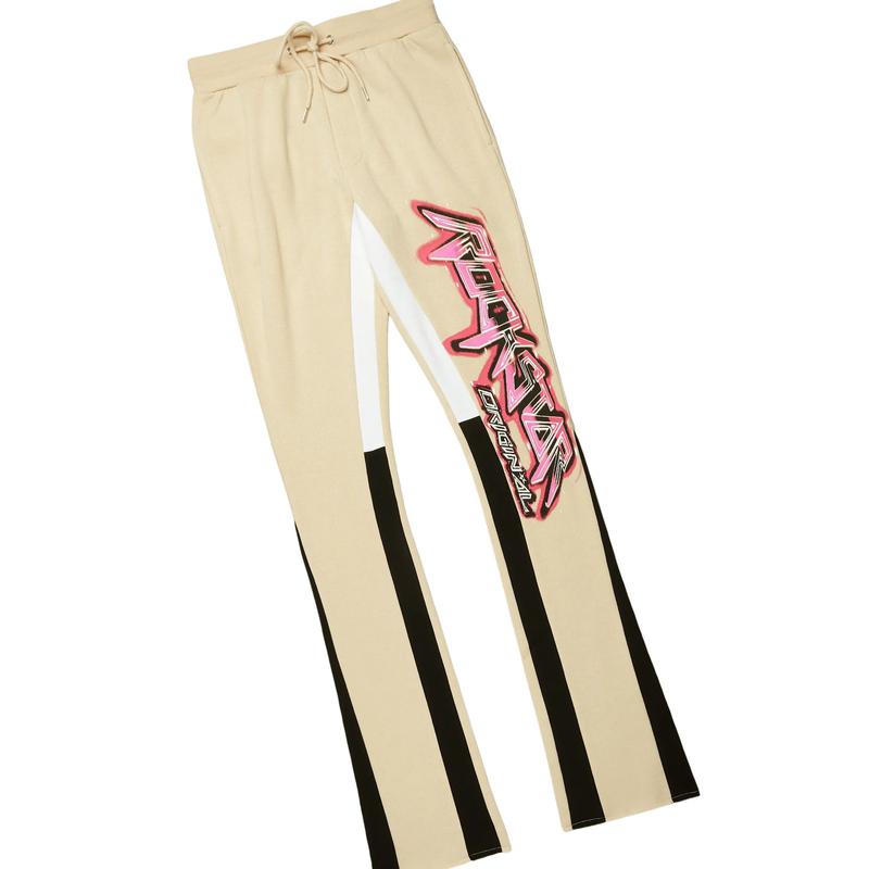 Obern Beige Black Graphic Hoodie Stacked Flare Pant Track Set