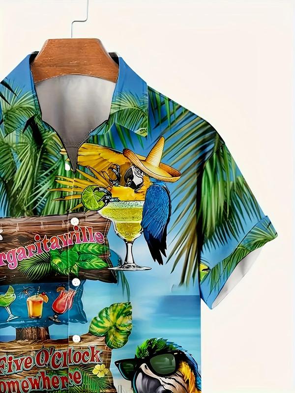 Men's Parrot & Letter Print Button Front Shirt, Regular Fit Casual Tropical Print Short Sleeve Collar Top for Beach Vacation, Fashion Men's Clothes for All Seasons