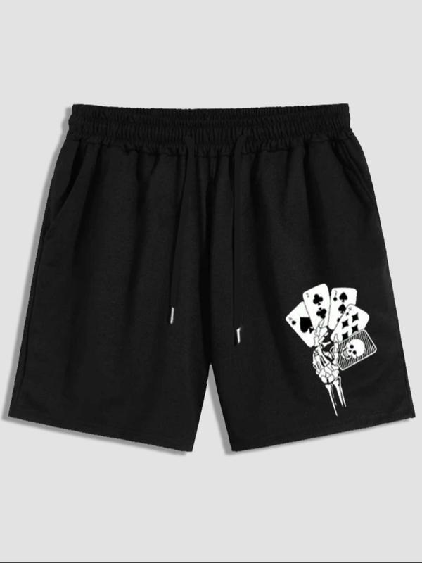 Men's Playing Card Print Drawstring Waist Shorts, Summer Clothes, Casual Regular Fit Pocket Track Shorts For Summer, Men's Bottoms For Daily Wear