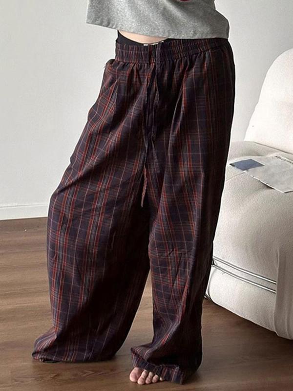 Men's Plaid Print Drawstring Waist Wide Leg Pants, Casual Comfy Pocket Trousers for Daily Wear, Fashion Men's Bottoms for All Seasons, Baggy Pants, Trousers for Men