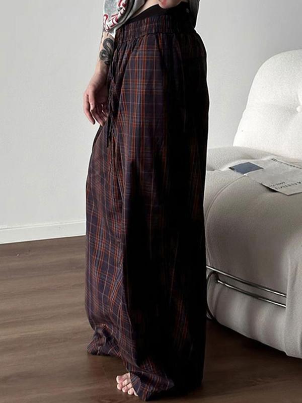 Men's Plaid Print Drawstring Waist Wide Leg Pants, Casual Comfy Pocket Trousers for Daily Wear, Fashion Men's Bottoms for All Seasons, Baggy Pants, Trousers for Men