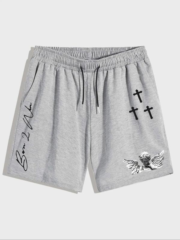 Men's Angel & Letter Print Drawstring Waist Shorts, Loose-fit Casual Pocket Track Shorts, Mens Summer Bottoms for Daily Wear Streetwear