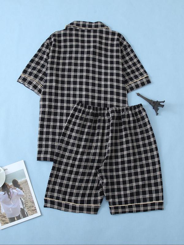 Men's Striped Plaid Print Button Front Lapel Lounge Shirt & Elastic Waist Shorts Loungewear Two-Piece Set, Casual Comfy Short Sleeve Pocket Top & Shorts PJ Set, Men Sleepwear Set for All Seasons