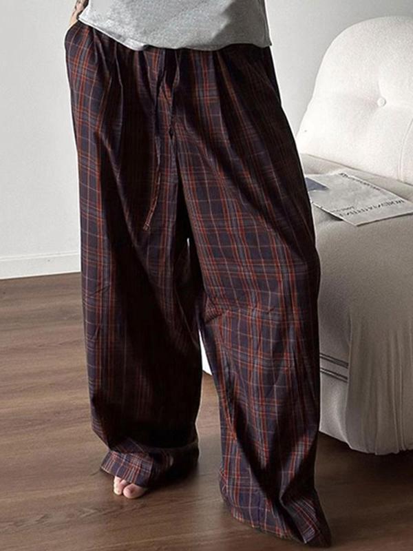 Men's Plaid Print Drawstring Waist Wide Leg Pants, Casual Comfy Pocket Trousers for Daily Wear, Fashion Men's Bottoms for All Seasons, Baggy Pants, Trousers for Men